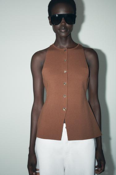 Zara BUTTON HALTER TOP - Brandy