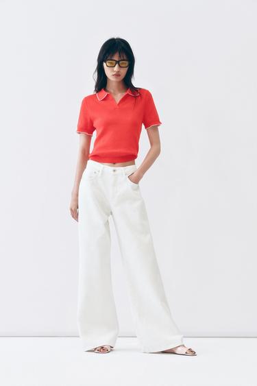 Zara 對比色蕾絲 POLO 衫 - 紅色 / 珊瑚色