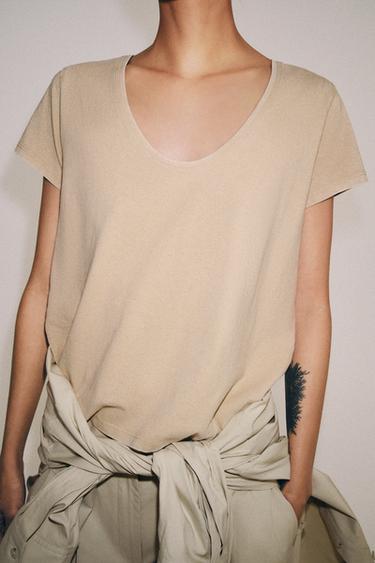 COTTON SHORT SLEEVE T-SHIRT - Light beige by Zara