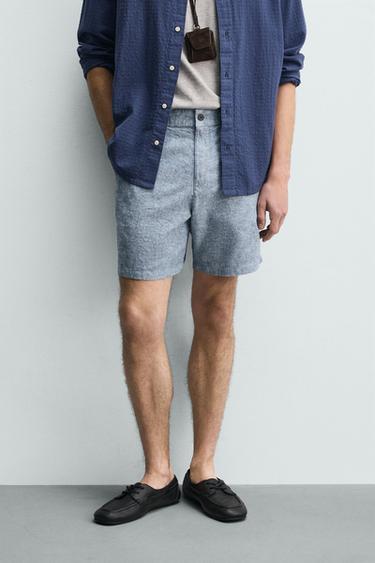 REGULAR FIT TEXTURED BERMUDA SHORTS - Blue/White by Zara