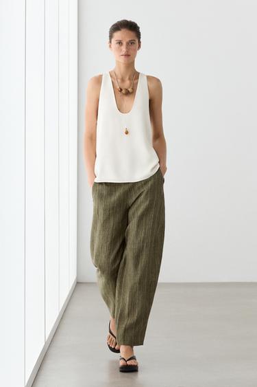 Zara Total look linen trousers with corset belt detail - Mid-green - Image 0