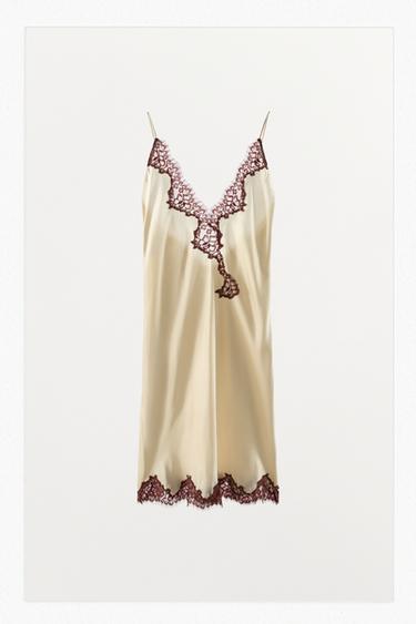 Zara SATIN LACE SLIP DRESS - White