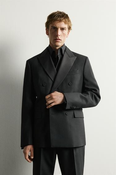 Zara DOUBLE-BREASTED TUXEDO BLAZER - Black