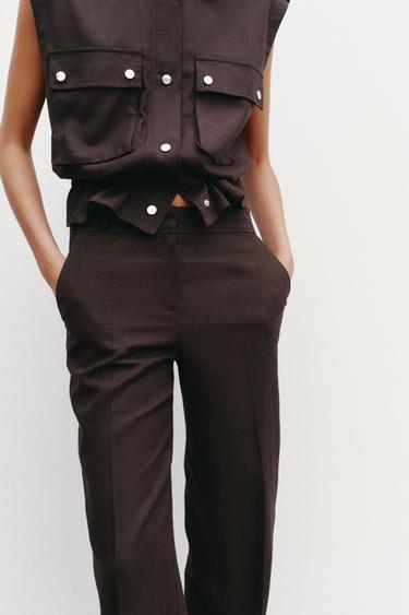 STRAIGHT-LEG LINEN BLEND TROUSERS - Brown by Zara - Image 1