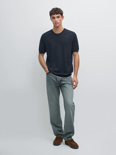 Zara Textured knit short sleeve T-shirt - Navy blue - Image 0