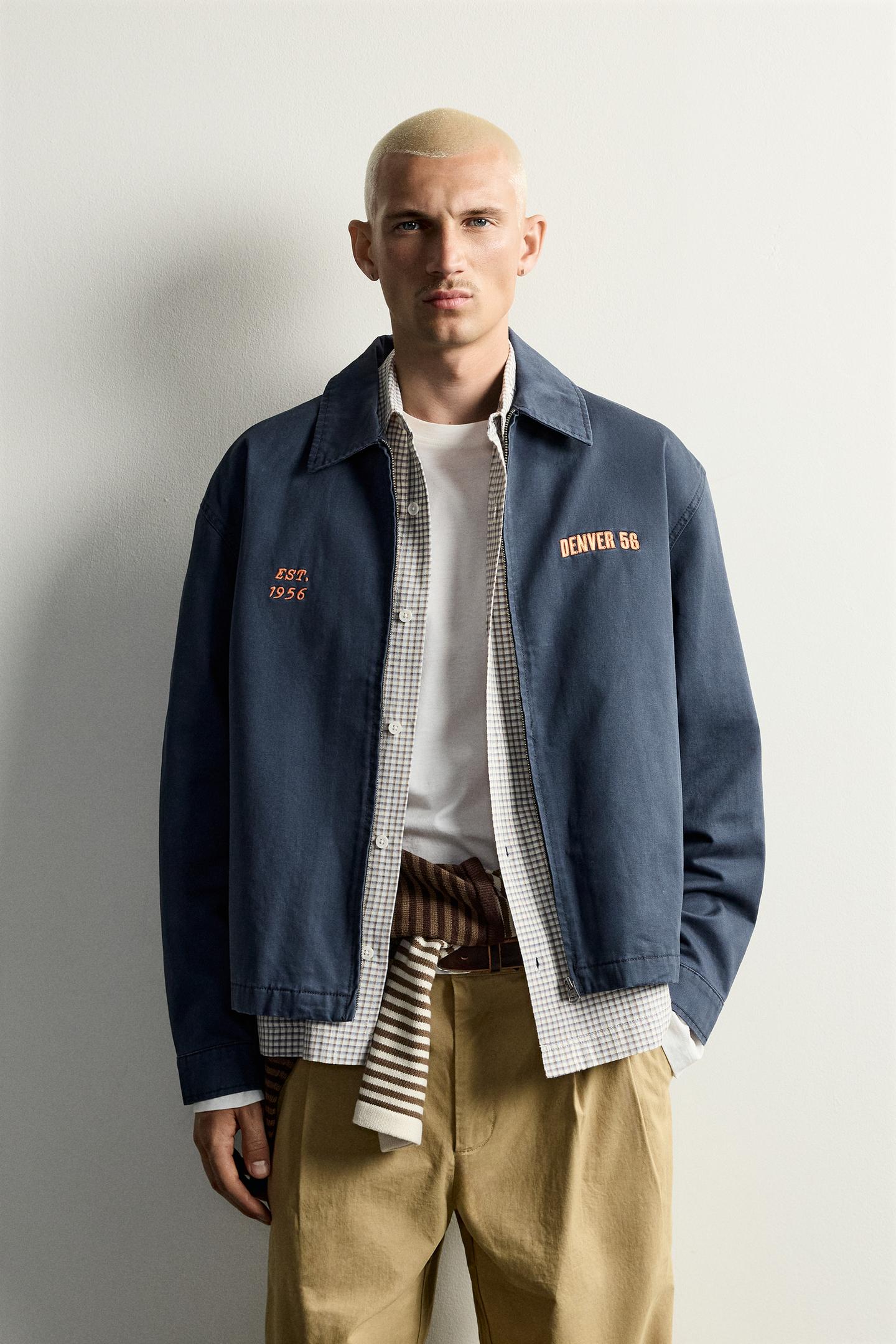 Мужская куртка Zara Relaxed Fit Embroidered Patch, цвет: Синий / Серый — фото 2