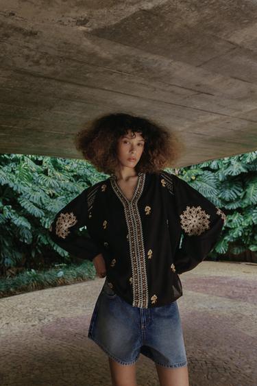 EMBROIDERED FLORAL SHIRT - Black by Zara - Image 5