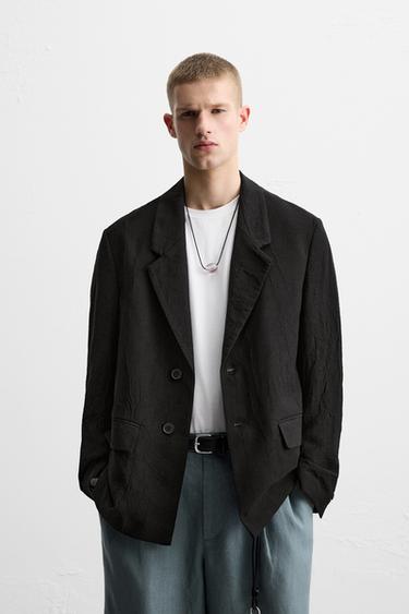 WRINKLED JACQUARD RELAXED FIT BLAZER - Black by Zara