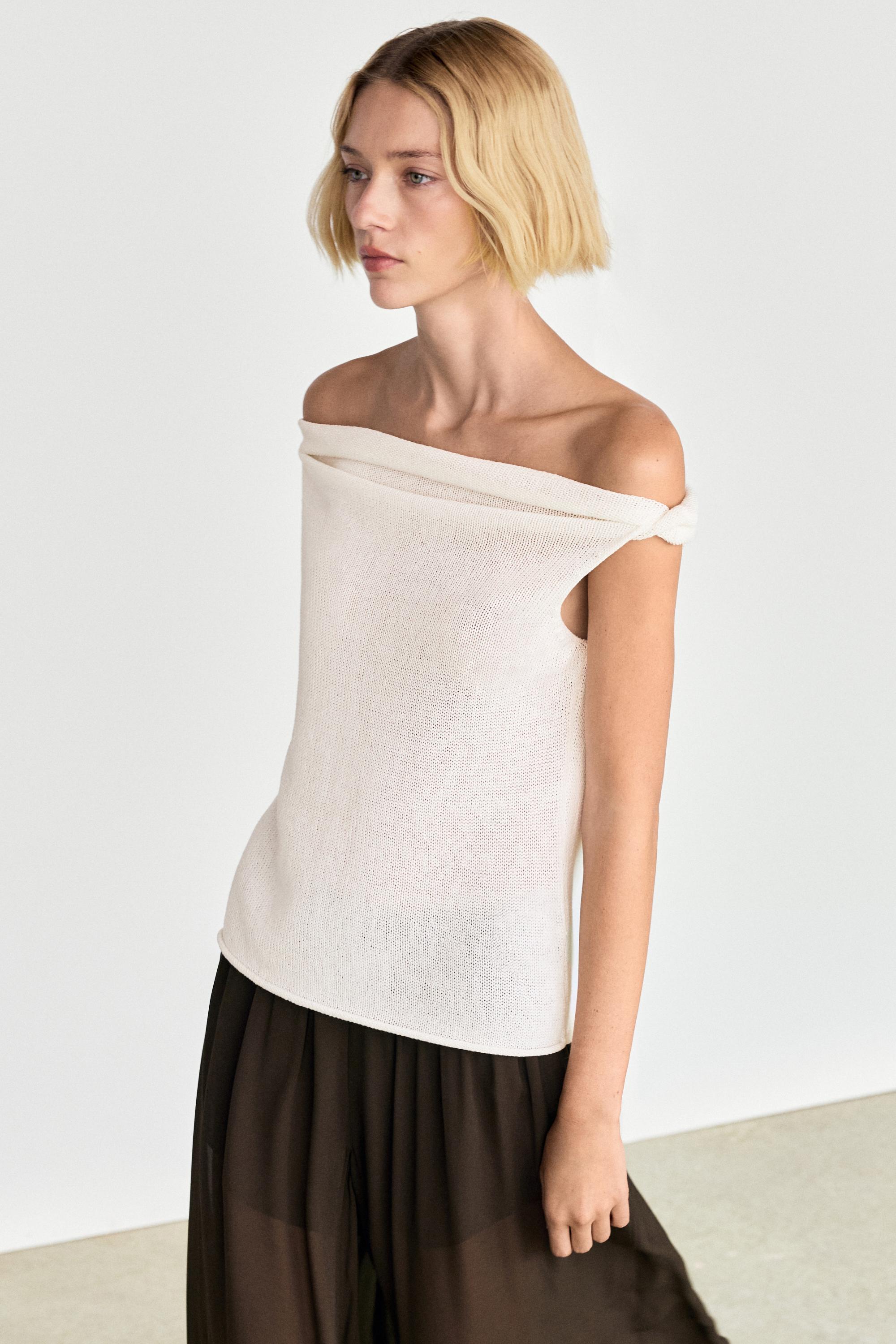 Ribbed knit bandeau top — Ecru