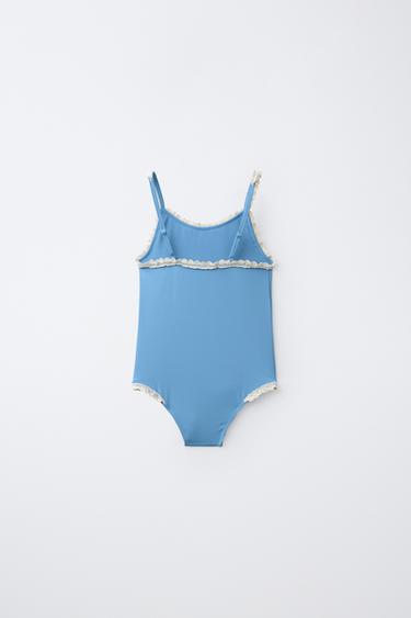 AGES 6-14/ CONTRAST LACE TRIM SWIMSUIT - Petrol blue by Zara - Image 1