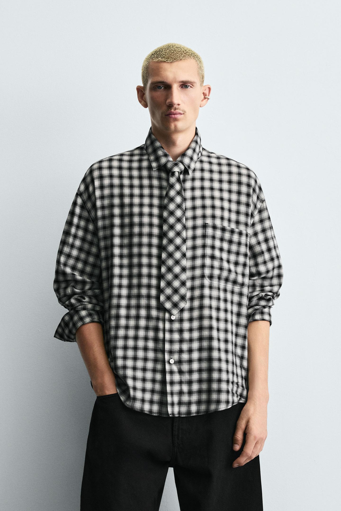 CONTRAST PLAID SHIRT WITH TIE