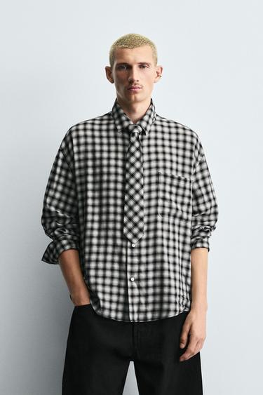 CHECK SHIRT WITH CONTRAST TIE - Black / White by Zara