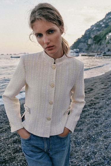 METALLIC THREAD STRUCTURED BLAZER WITH SHOULDER PADS - Ecru by Zara