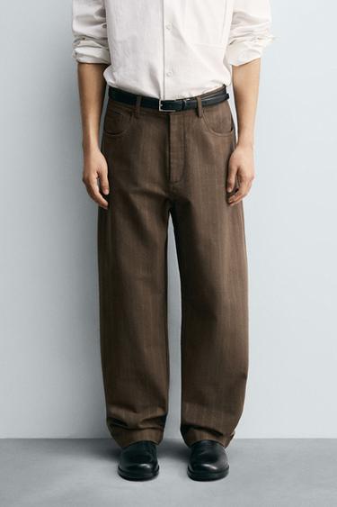 Zara BALLOON FIT JACQUARD STRIPED PANTS - Brown