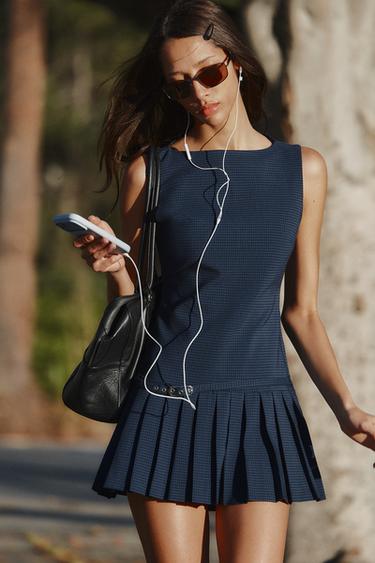 Zara PLAID PLEATED MINI DRESS - Navy blue
