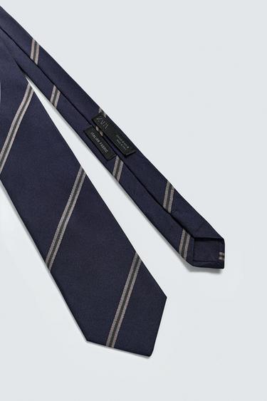 100% SILK STRIPED TIE - Navy blue by Zara - Image 3