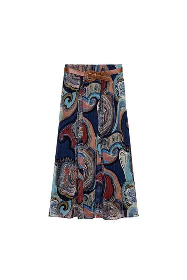 PRINTED MIDI SKIRT WITH METALLIC THREAD AND BELT