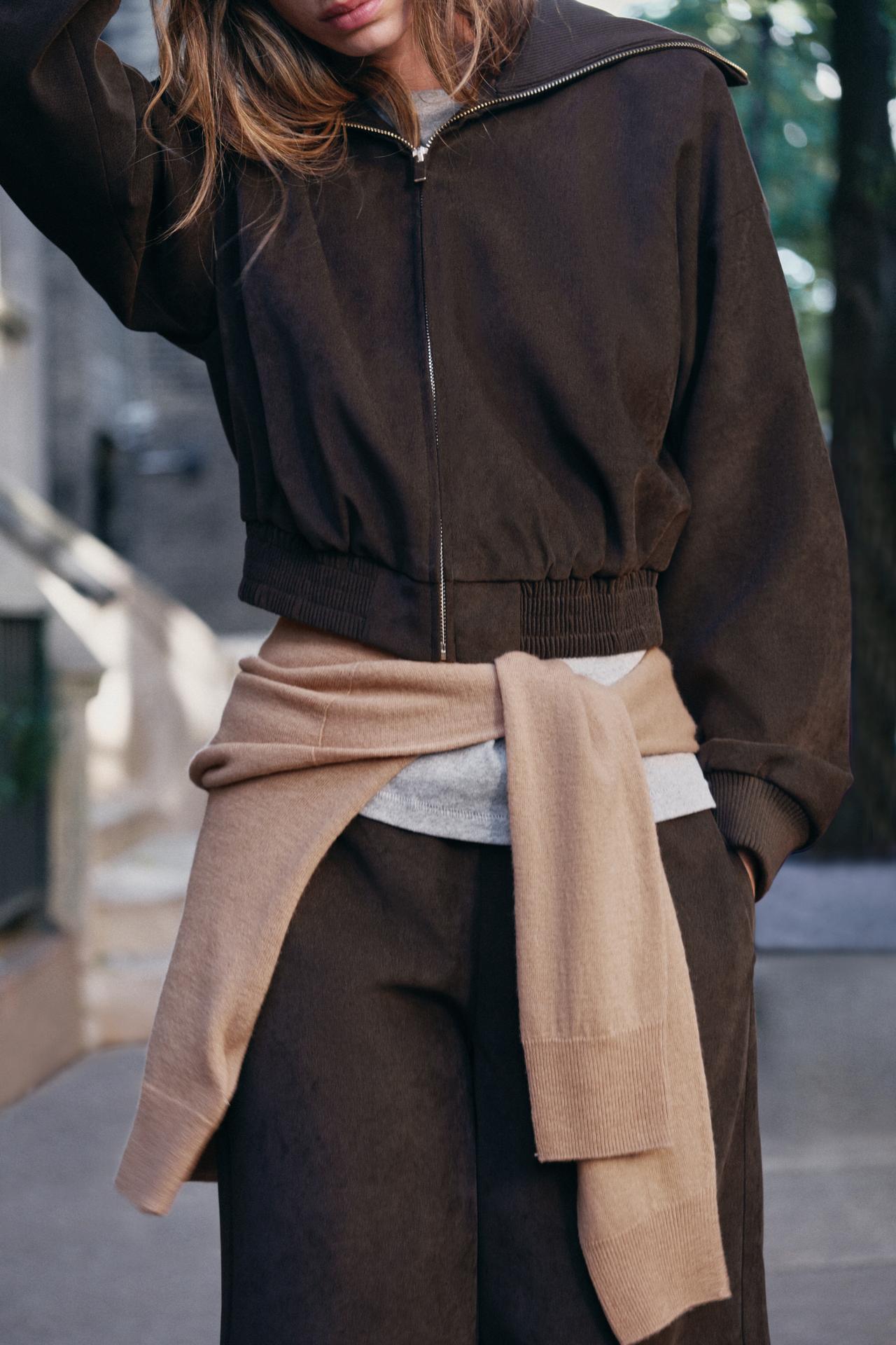CROPPED RIB-COLLAR JACKET — Dark brown