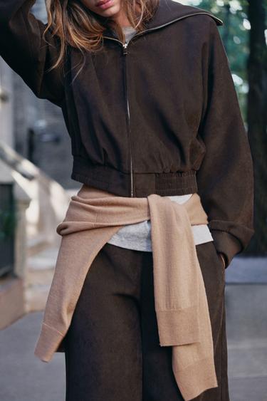 CROPPED RIB-COLLAR JACKET — Dark brown 1