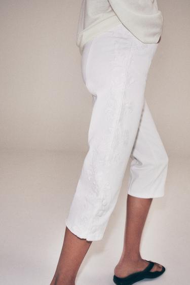 ZW COLLECTION EMBROIDERED MID-WAIST CAPRI JEANS - Ecru by Zara - Image 5
