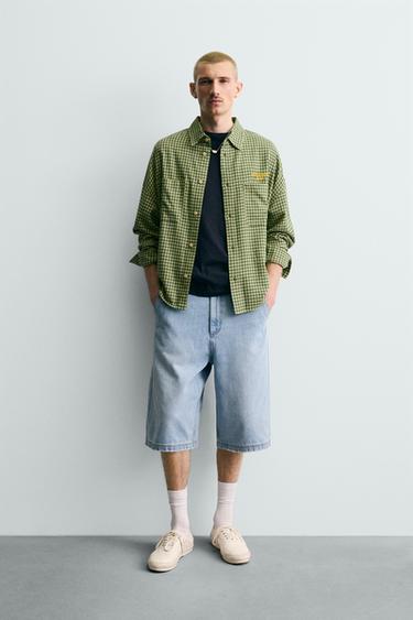 CAMISA CUADROS FRANELA BORDADO - Blanco / Verde de Zara - Imagen 0