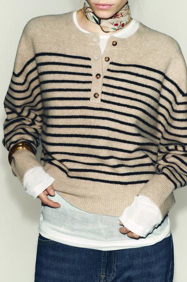 PULL EN MAILLE À RAYURES - Beige / Bleu marine de Zara - Image 4