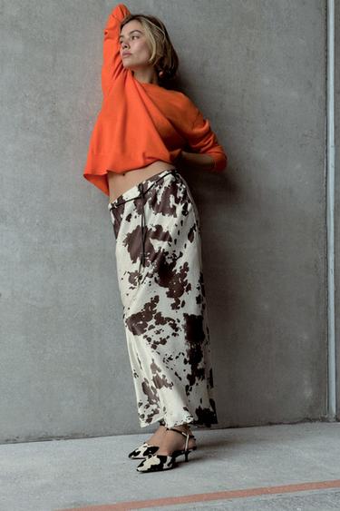 ANIMAL PRINT SATIN MIDI SKIRT - Ecru / Brown by Zara