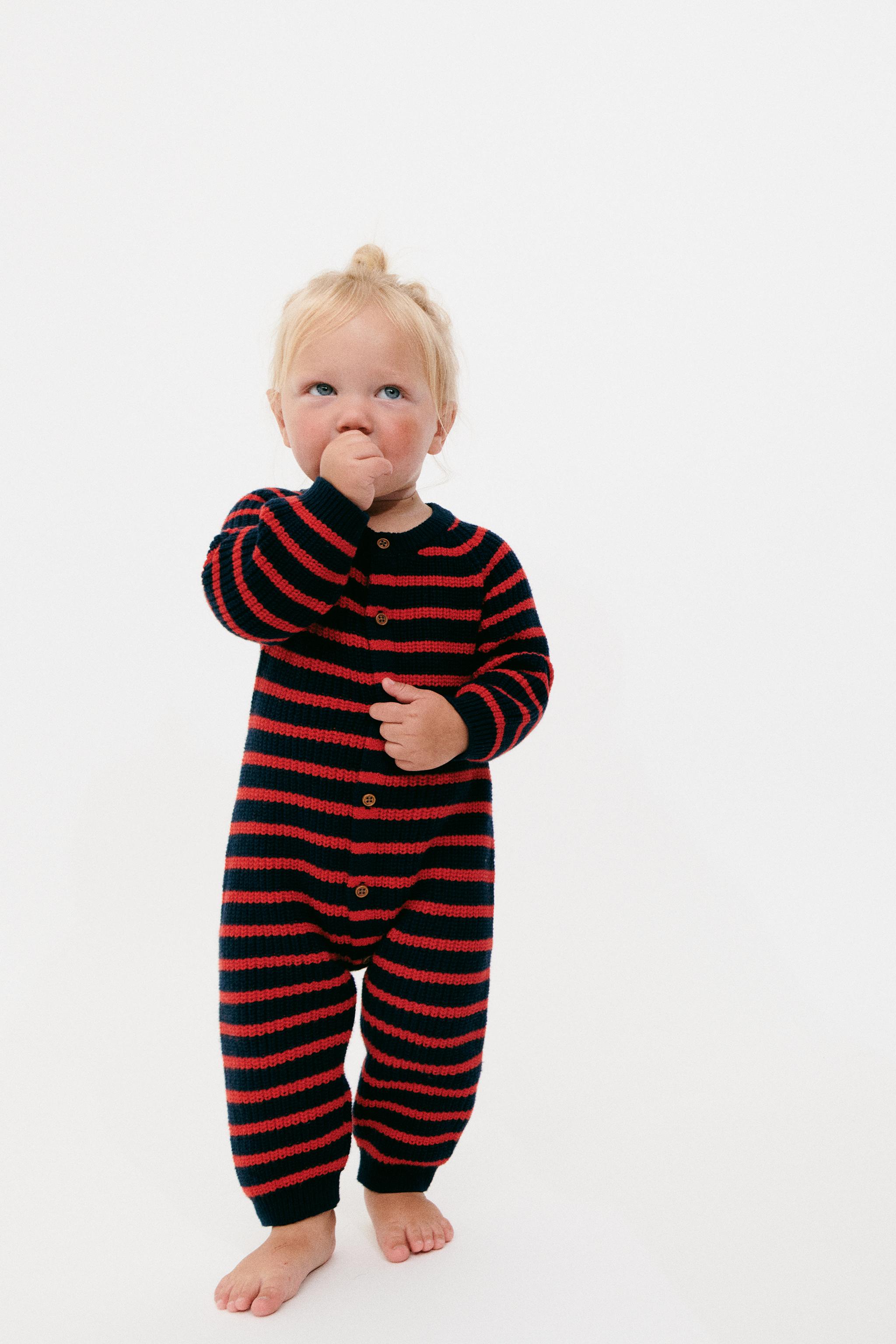 ZARA TIMELESS - COTTON AND WOOL BLEND STRIPED LONG JUMPSUIT — red/navy