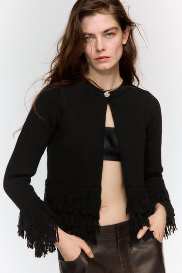 Zara FRINGE CARDIGAN - Black