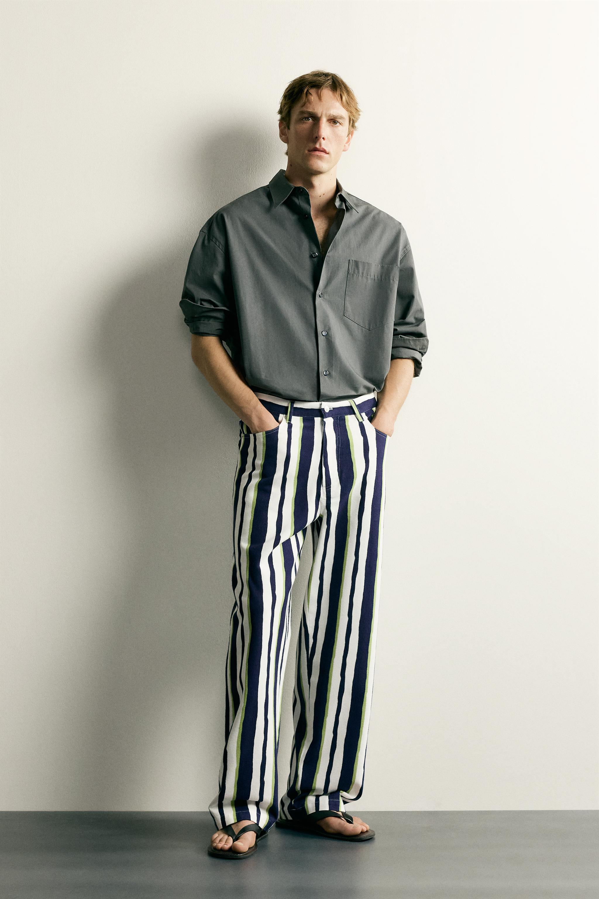 STRIPED STRAIGHT FIT PANTS - Navy blue | ZARA Canada