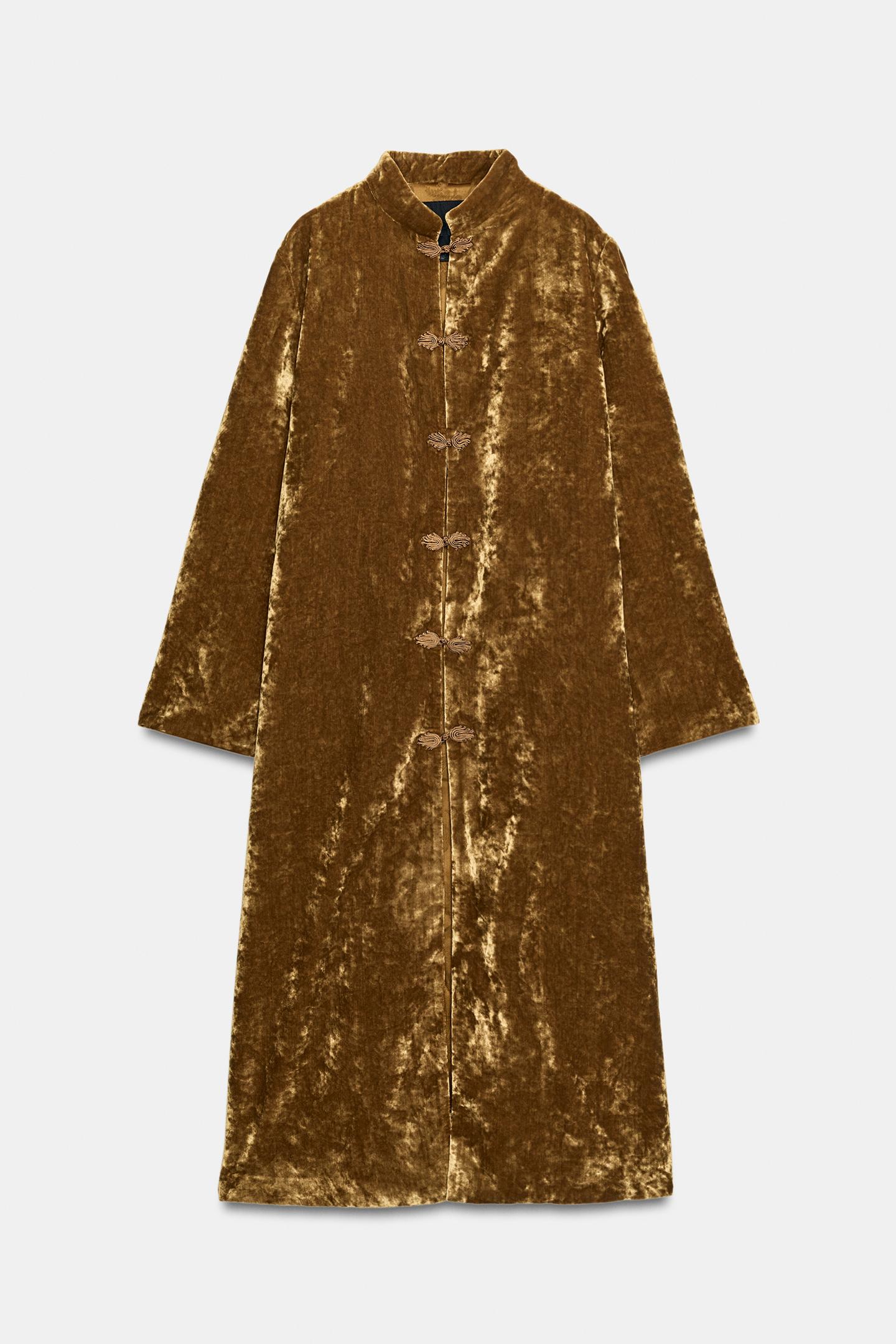 Женское пальто Zara ZW Collection Velvet Coat with Frog Fastening, цвет: Золотой — фото 8