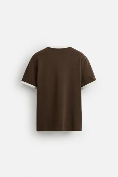 Zara BASIC CONTRAST RIBBED T-SHIRT - Brown / Ecru