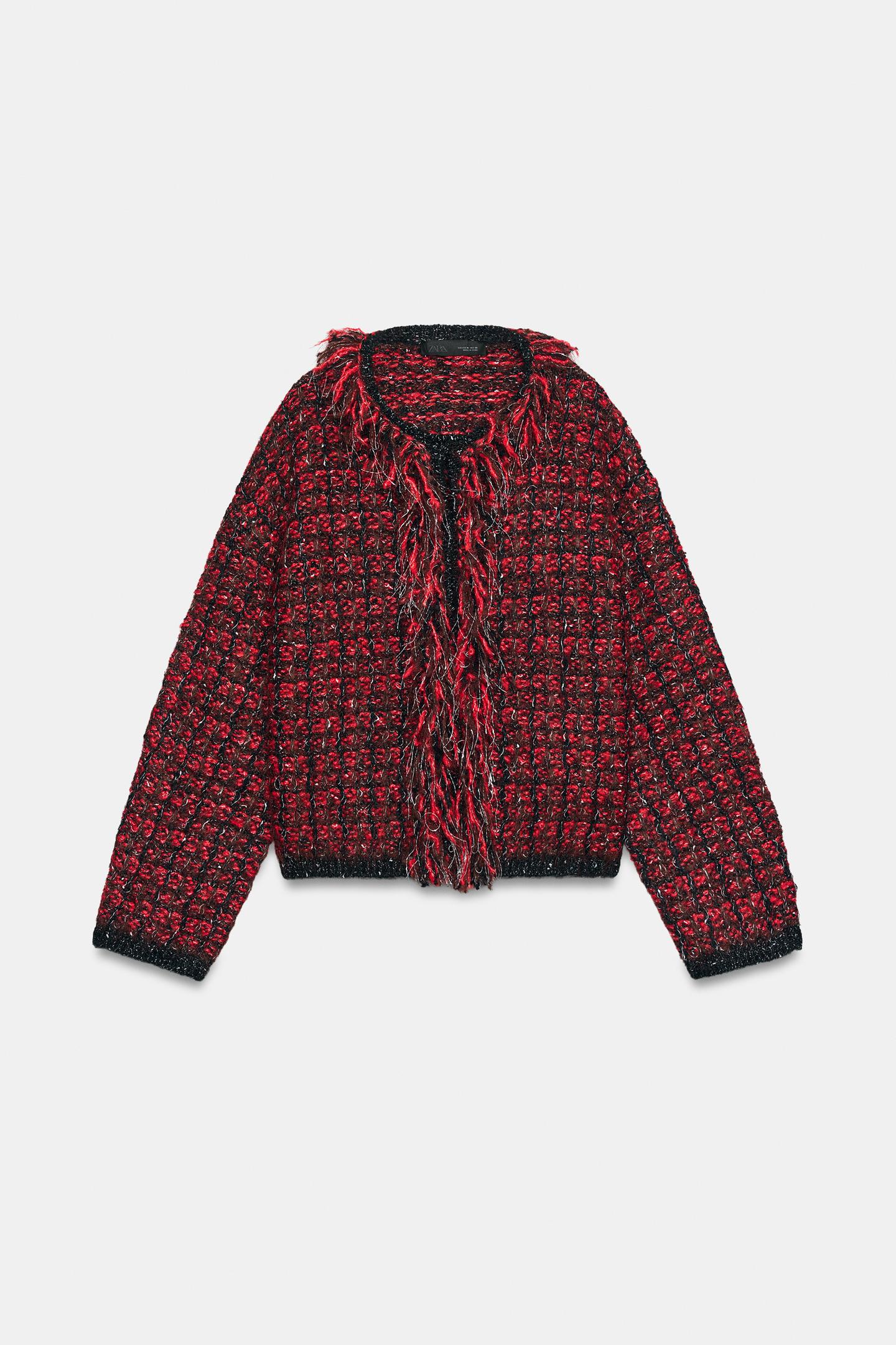 Женский кардиган Zara Structured Fringed, цвет: Красный / Чёрный — фото 6
