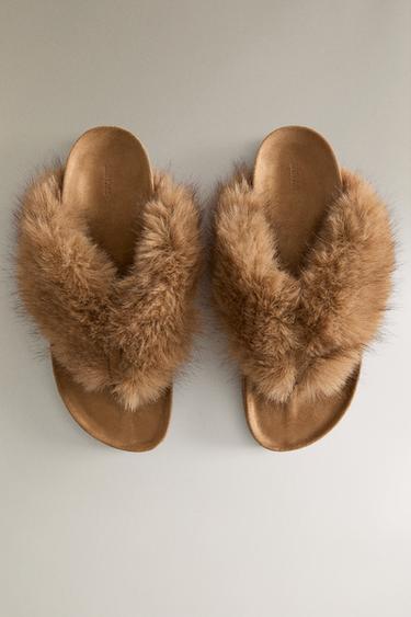 FAUX FUR THONG SANDALS - Camel Brown by Zara - Image 2