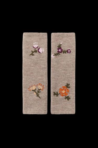 Zara FLORAL EMBROIDERED KNIT MITTENS - taupe brown - Image 0