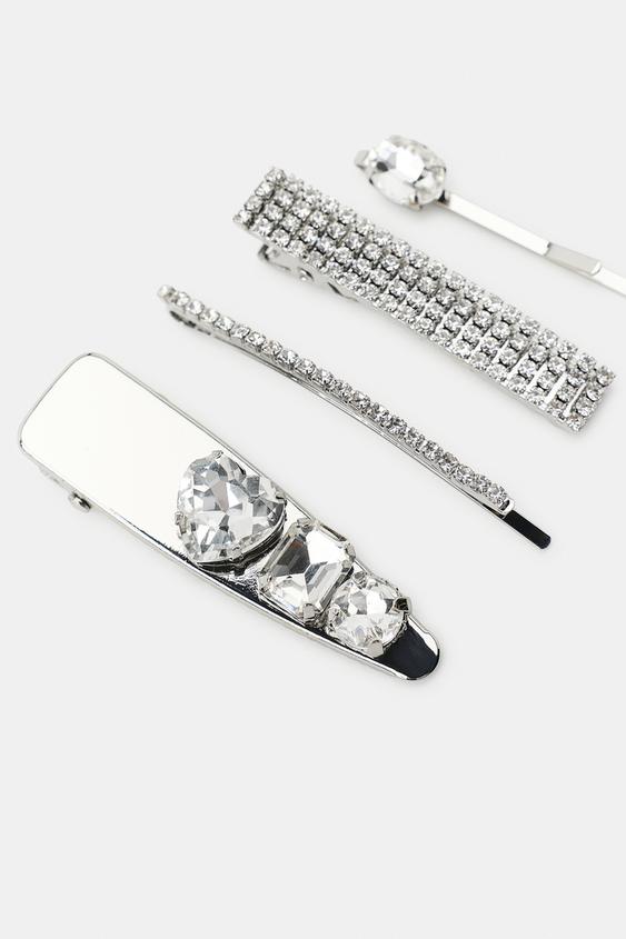 PACK OF 4 METALLIC RHINESTONE HAIR CLIPS - Silver by Zara - Image 5