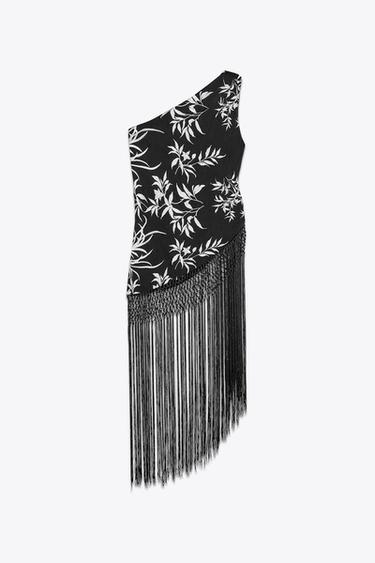 ASYMMETRIC EMBROIDERED FRINGED TOP - Black / White by Zara - Image 4