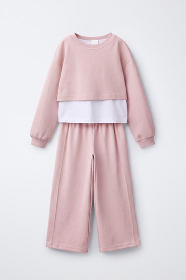 Zara DOUBLE-LAYER SWEATSHIRT AND WIDE-LEG PANTS SET - Faded pink