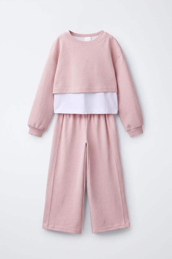 CONJUNTO INTERLOCK SUDADERA DOBLE Y PANTALÓN WIDE LEG - Rosa lavado de Zara - Imagen 0