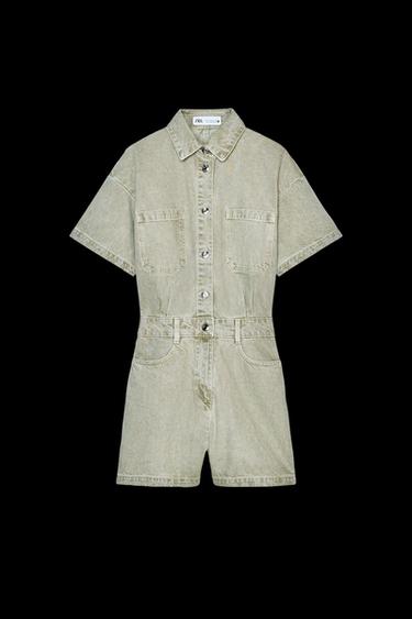 Zara Z1975 SHORT SLEEVE DENIM JUMPSUIT - Khaki - Image 0