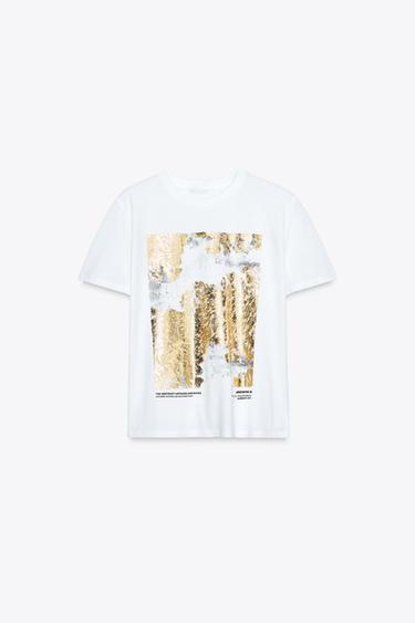 Zara METALLIC PRINT T-SHIRT - Golden