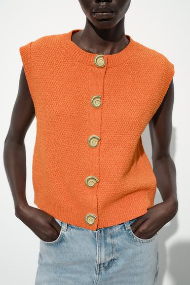 SHELL BUTTON KNIT WAISTCOAT TOP - Orange by Zara