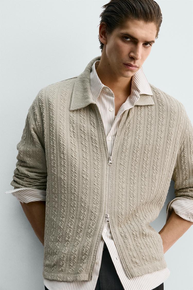 ZARA TEXTURED CABLE-KNIT JACKET WITH ZIP