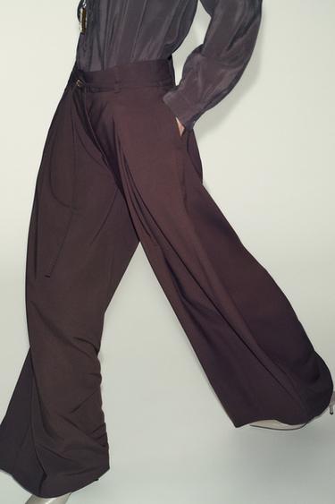 WIDE-LEG TROUSERS WITH THIN BELT - Brown by Zara