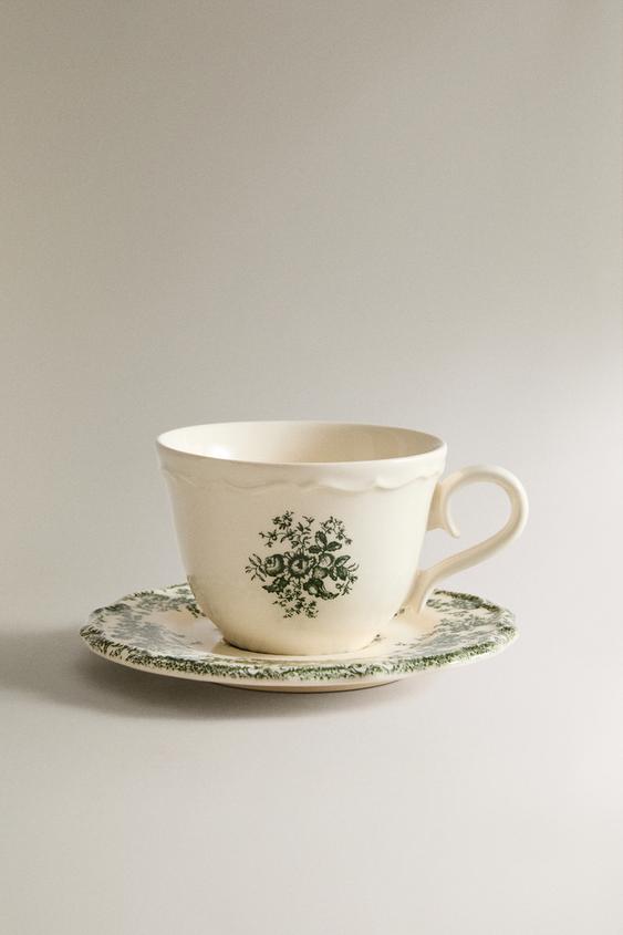 TASSE À THÉ ET SOUCOUPE FLEURIE - Vert olive de Zara - Image 0