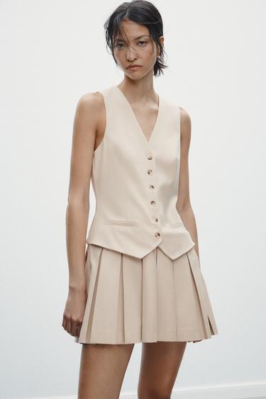 ROBE COURTE À RAYURES ET PLIS PLATS - Beige clair de Zara - Image 1