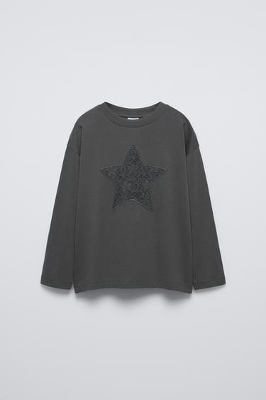 Zara EMBROIDERED T-SHIRT - Anthracite grey