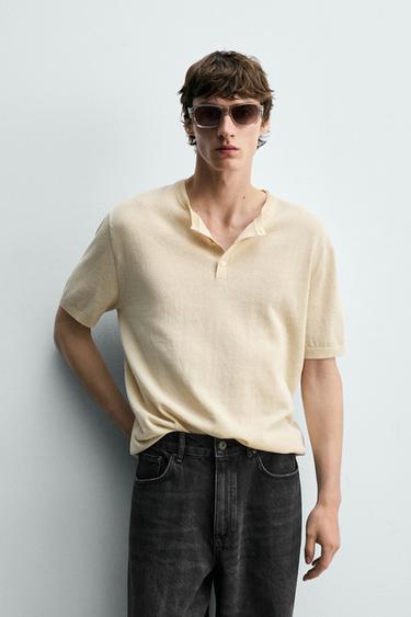 KNITTED COTTON-LINEN HENLEY T-SHIRT - Ecru by Zara