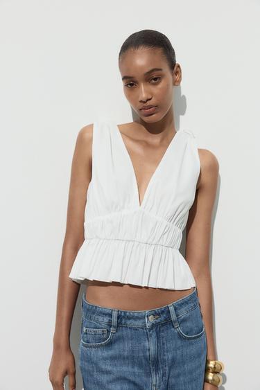 TOP SATINÉ À FRONCES - Blanc de Zara