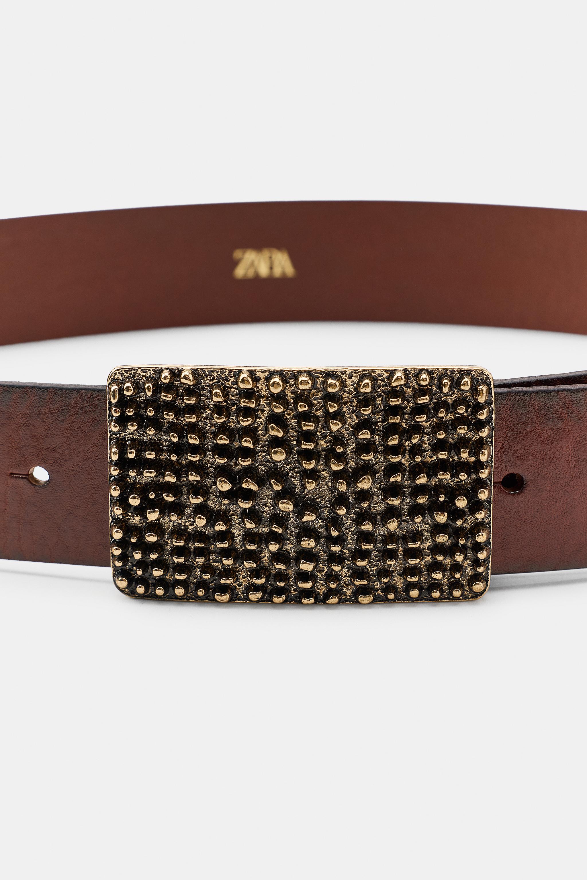 Женские аксессуары Zara 100% LEATHER BELT WITH TEXTURED BUCKLE — фото 4